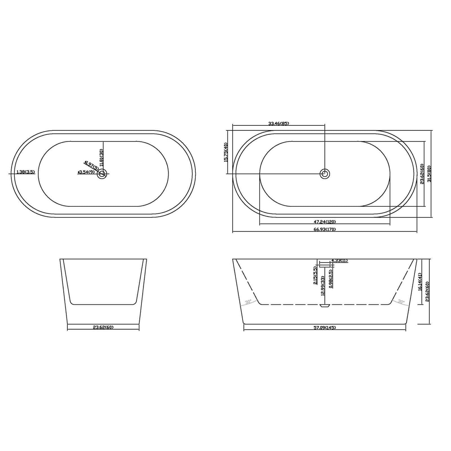 Dimensional outline drawing of 67 inch acrylic bathtub with chrome overflow black and white colorway