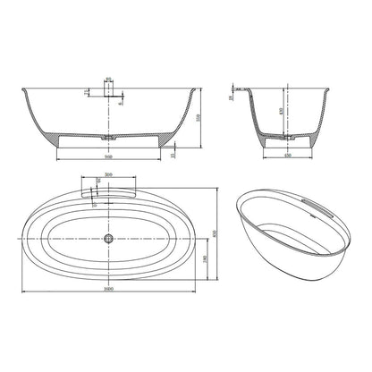 Dimensional outline drawing of a 63 inch solid surface bathtub with towel rack