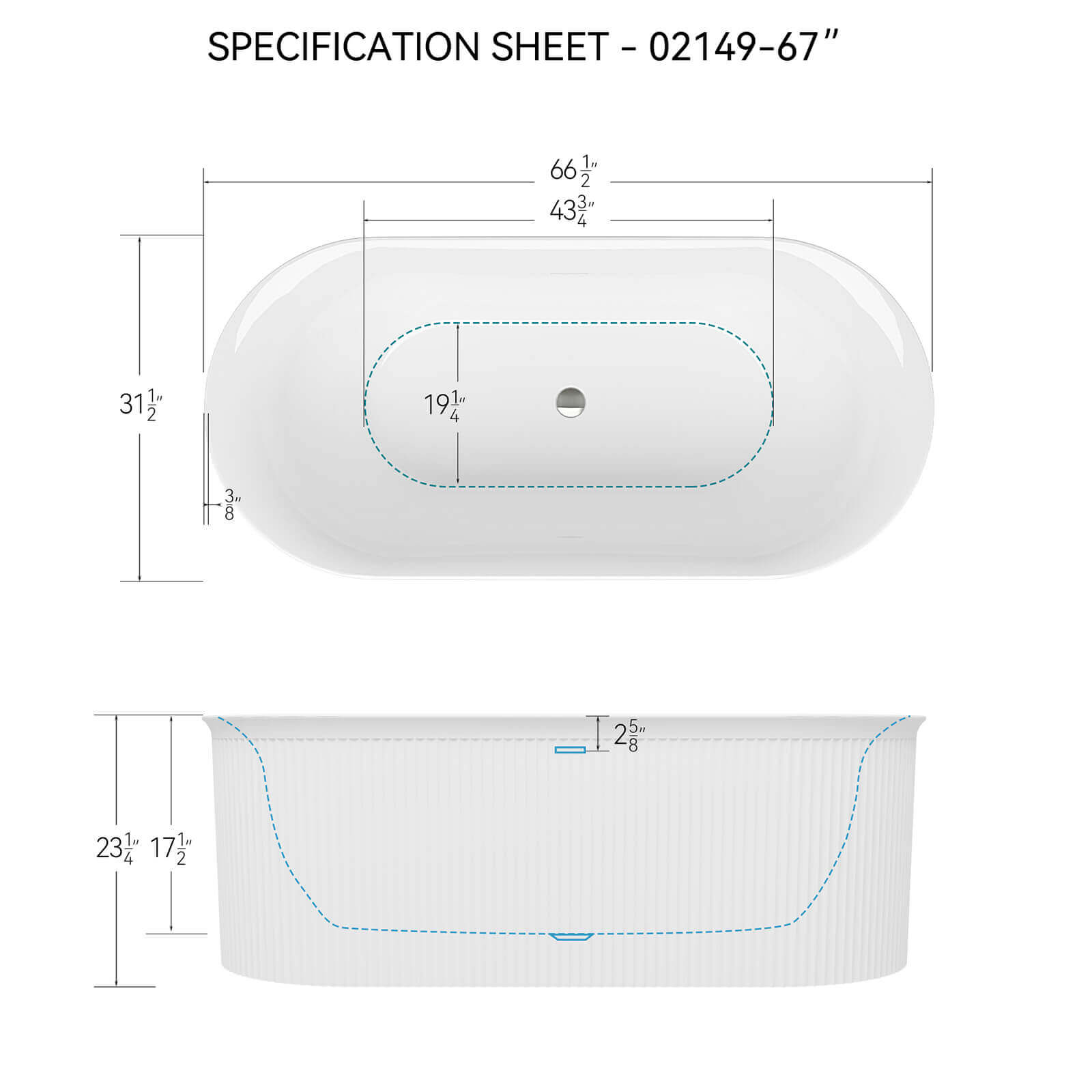 Dimensional outline drawing of a 67 inch acrylic recessed tub with Toe Tap Drain