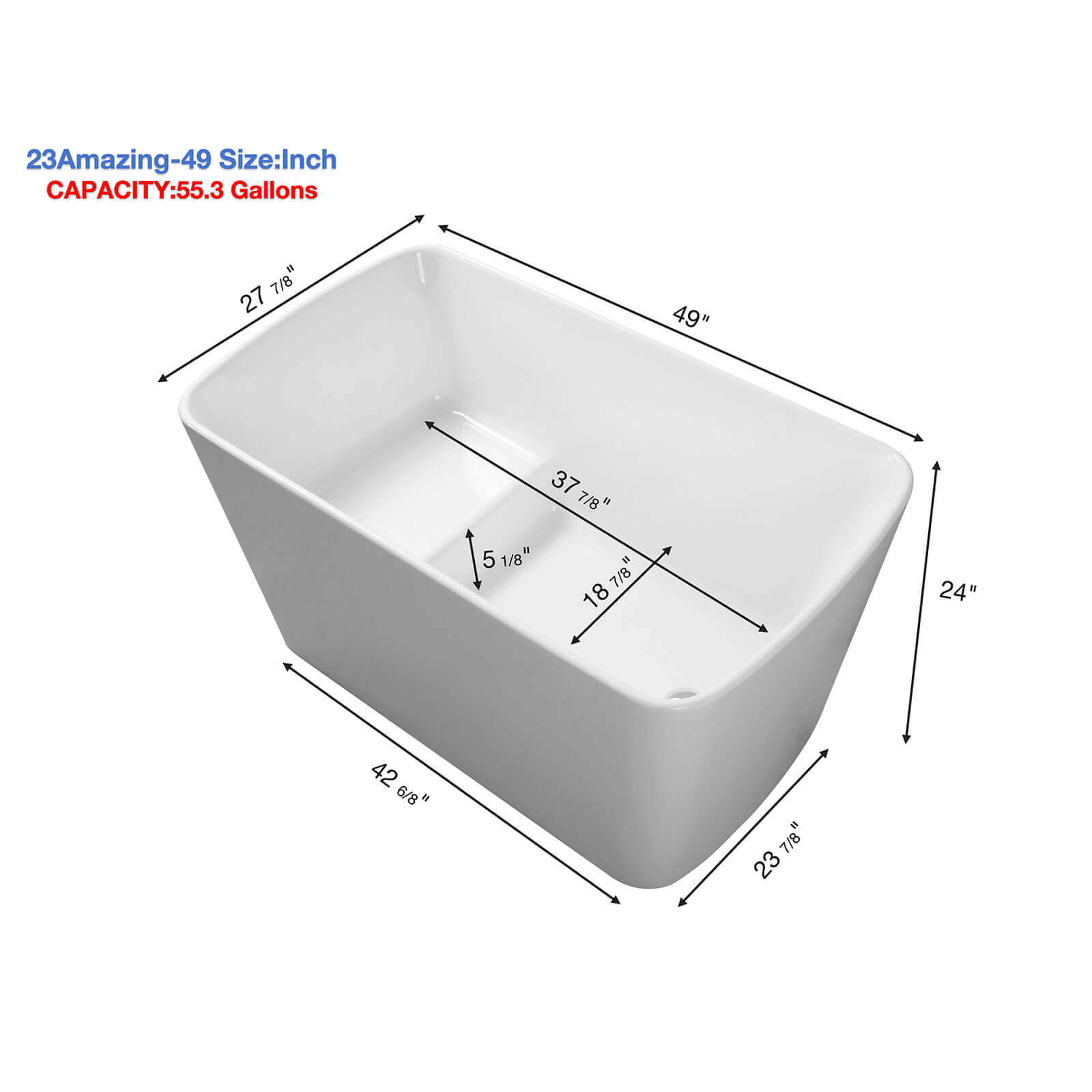 Dimensional outline of 49 inch acrylic bathtub with integrated seat