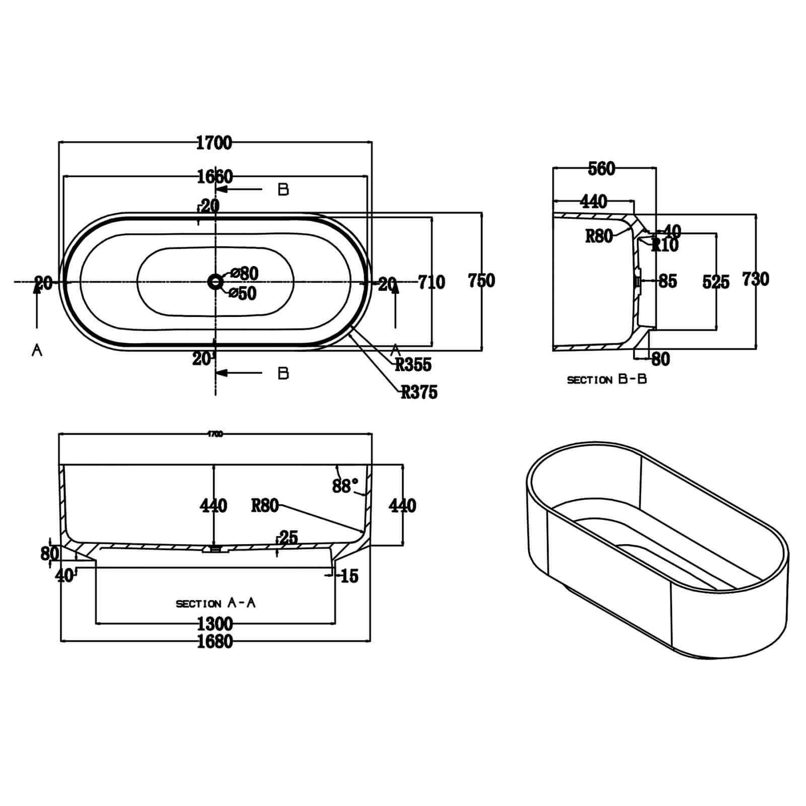 Dimensional outline of a 67 inch solid surface pedestal freestanding tub