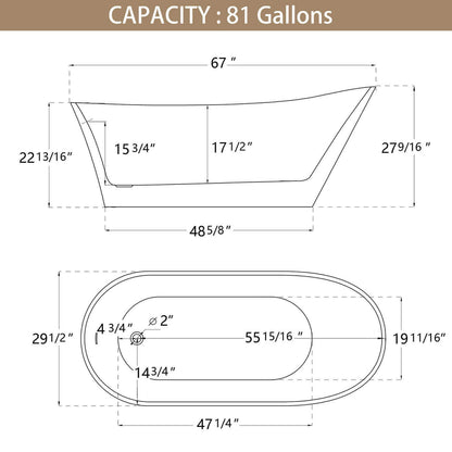 Dimensional outline of a bright white 67 inch reversible acrylic single slipper bathtub