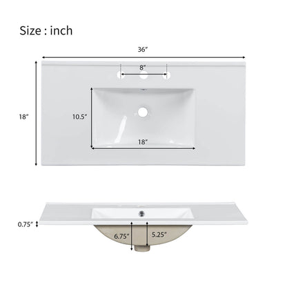 Dimensional detail softop ceramic sink in 36 inch green bathroom vanity with patterned glass door