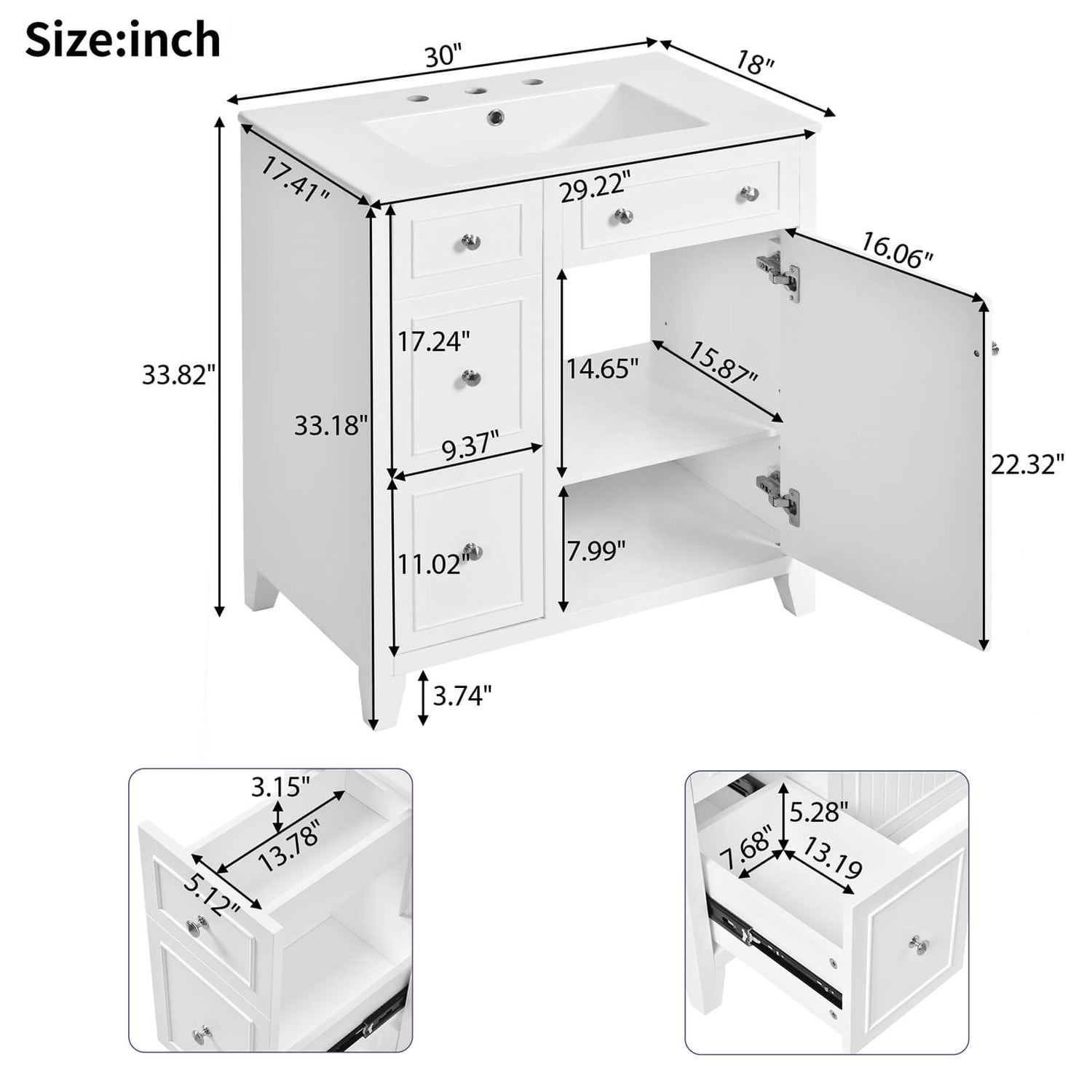 Dimensions Specifications for 30 Inch White Bathroom Vanity with 2 Left Side Drawers