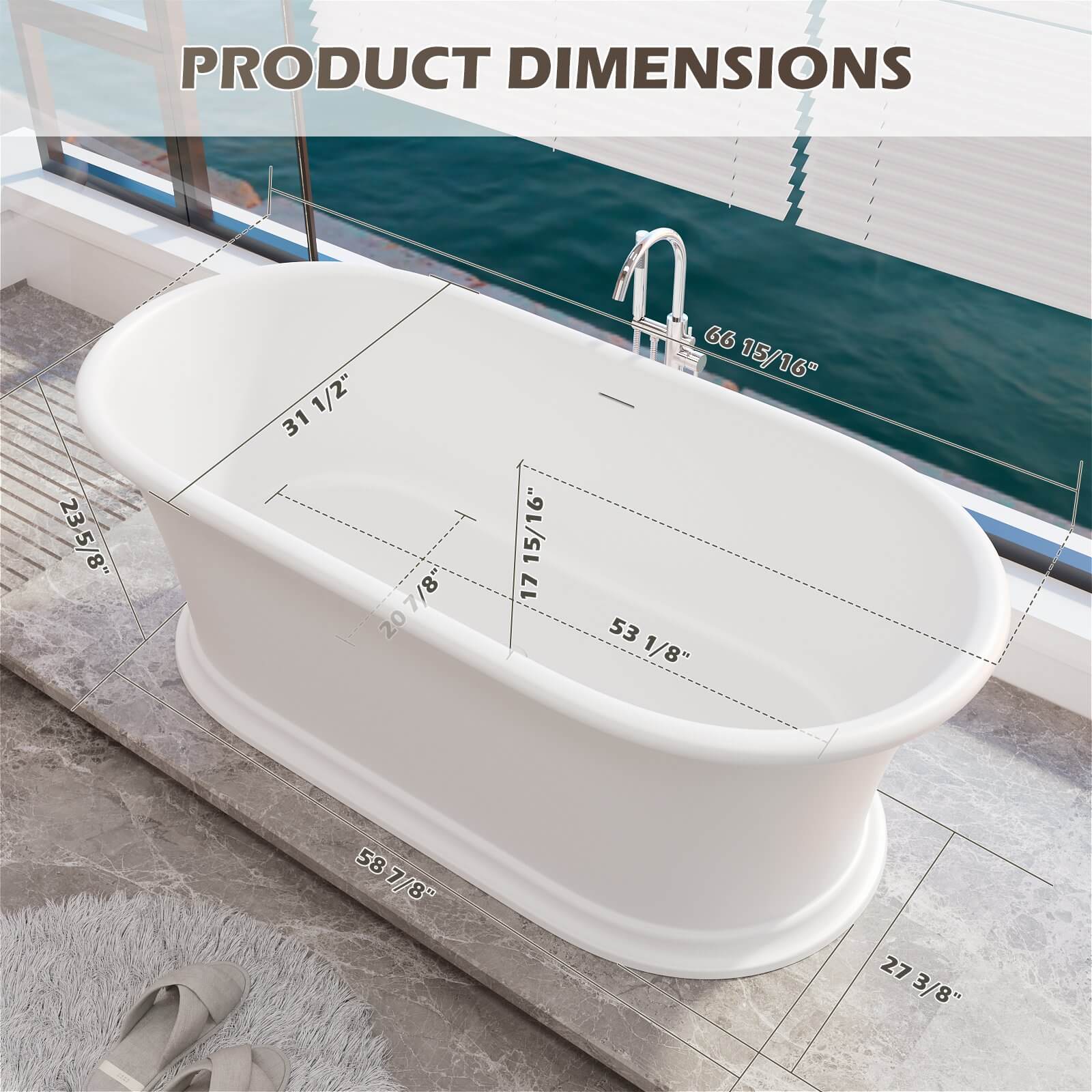 Dimensions and Specifications of 67 Inch Modern Pedestal Bathtub   G8 1041W67