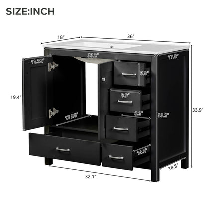 Dimensions and specifications for 36 inch black bathroom vanity with drawers on right side