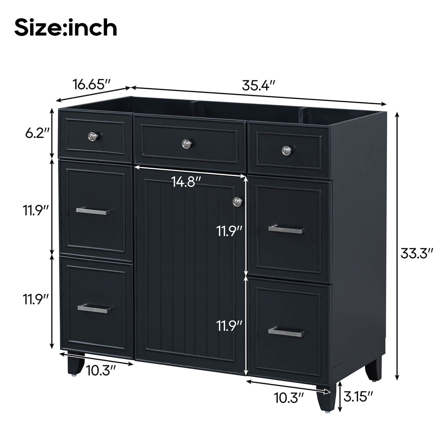 Dimensions and specifications for a 36 inch black bathroom vanity cabinet with 4 drawers