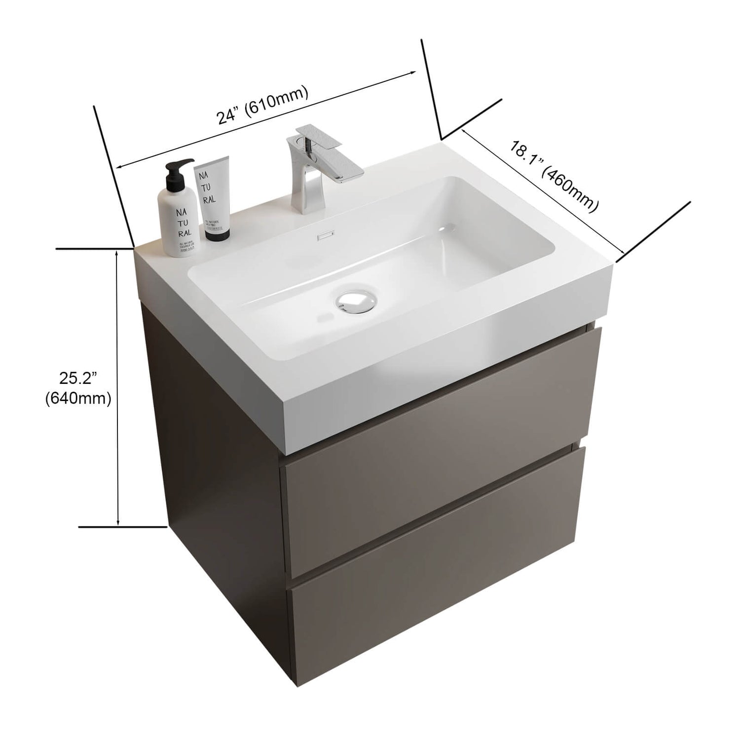 Dimensions and specifications for the 24 grey modern floating dresser with 2 drawers