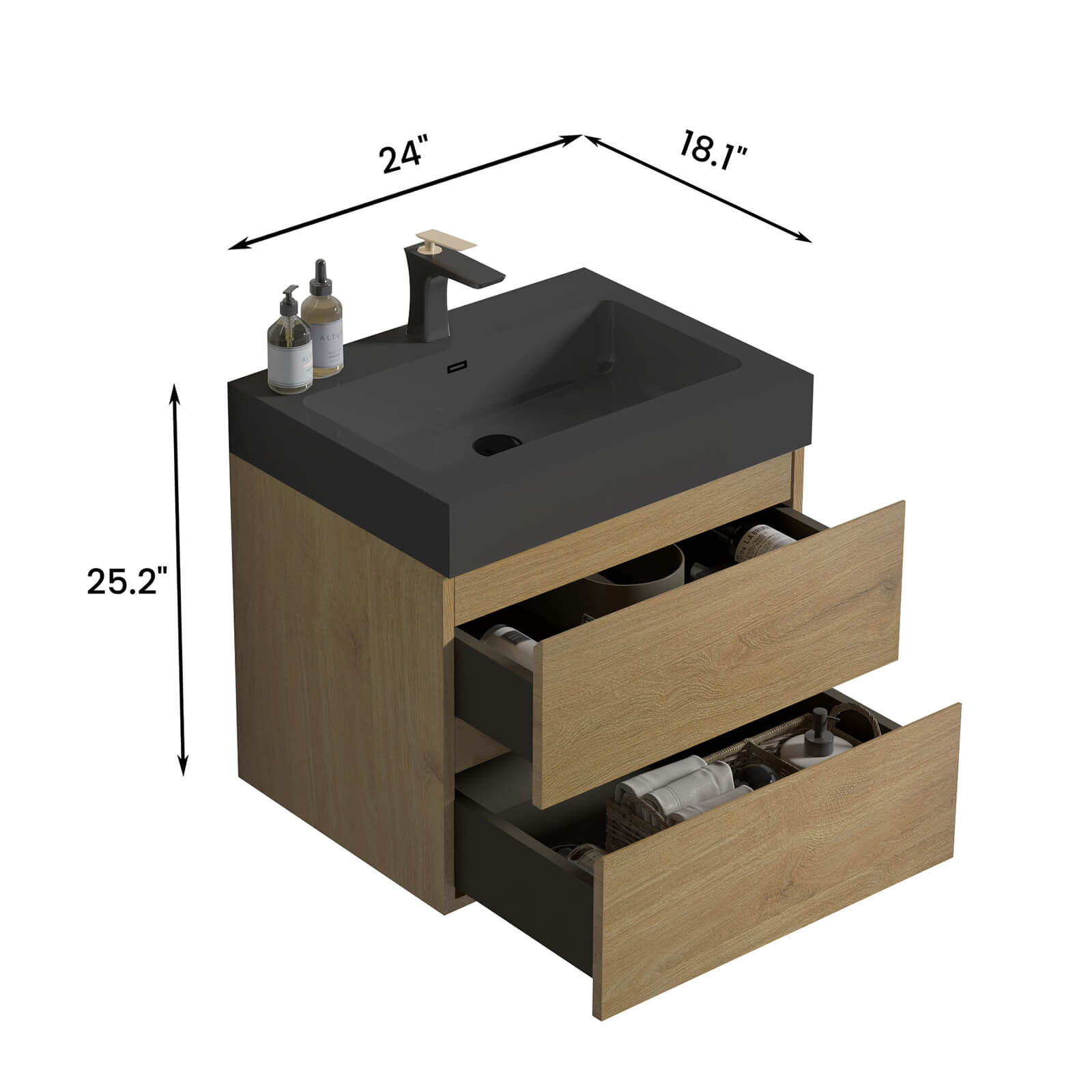 Dimensions of 24 Oak Floating Vanity with Black Sink