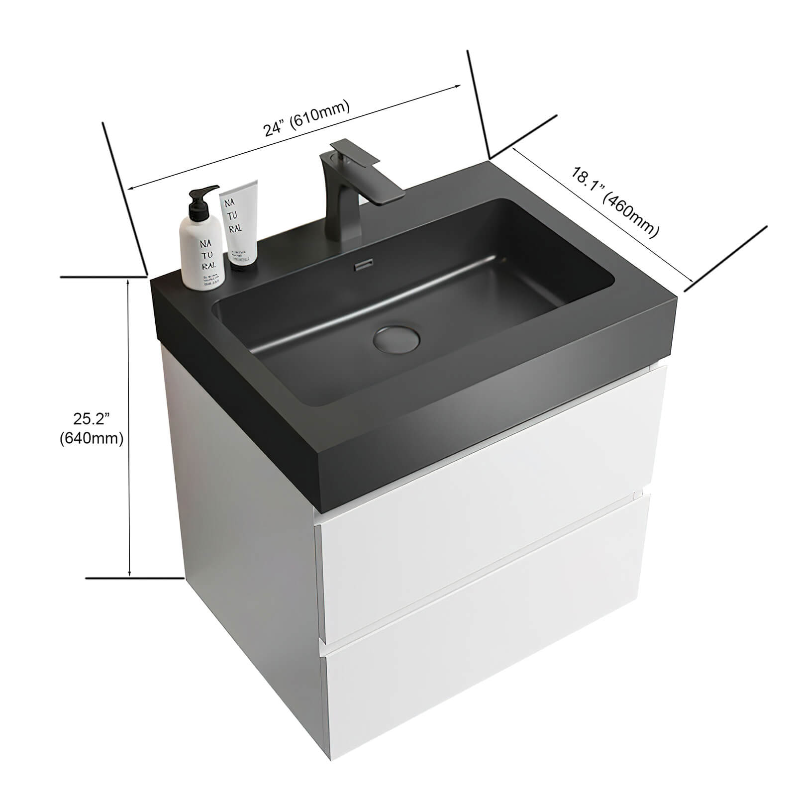 Dimensions of 24 White Floating Vanity with Black Sink