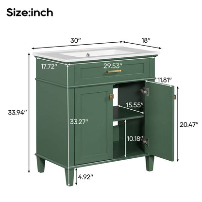 Dimensions of 30 inch green bathroom vanity with undermount ceramic sink