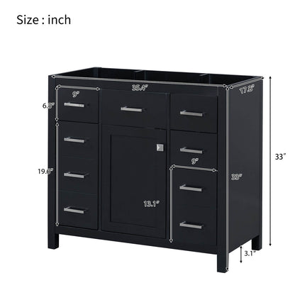 Dimensions of 36 inch Black Bathroom Vanity Cabinet with 6 Drawers