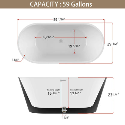 Dimensions of 59 inch matte black acrylic bathtub with pop up drain and center overflow outlet