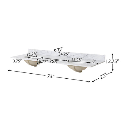 Dimensions of 73 x 22 marble vanity top with double ceramic sinks