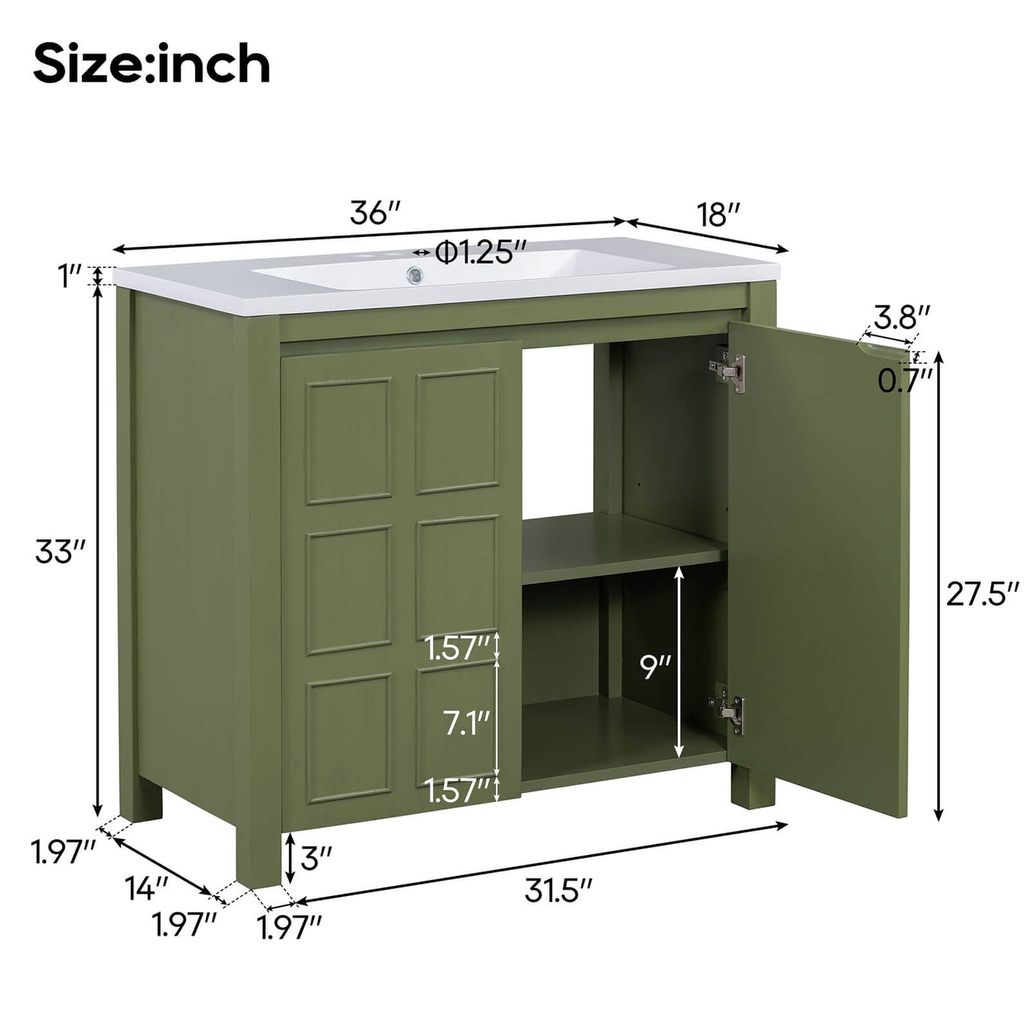 Dimensions of a 36 inch olive green bathroom vanity with Grid Patterned Doors