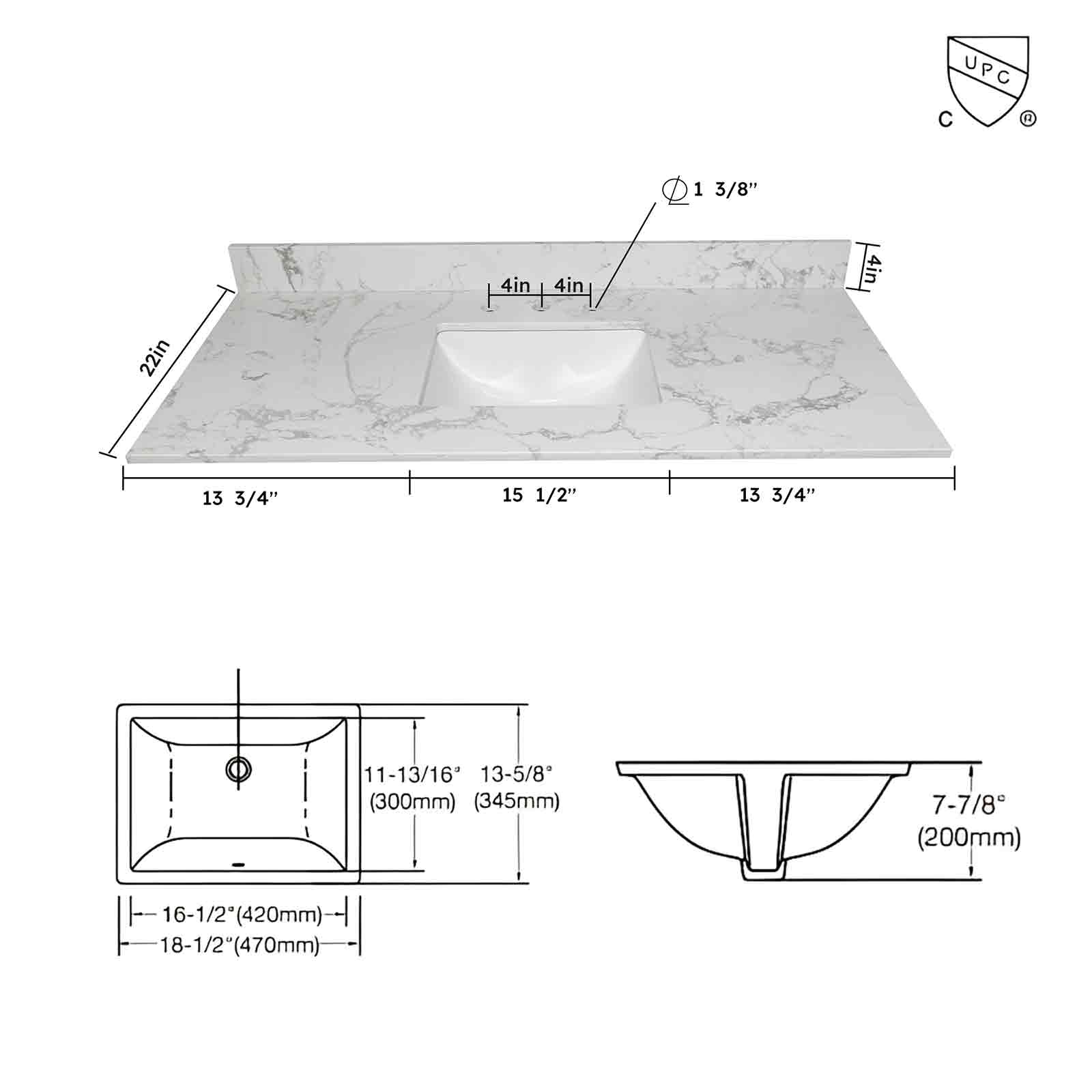 Dimensions of a 43 x 22 Carrara marble vanity sink with 3 faucet holes shown