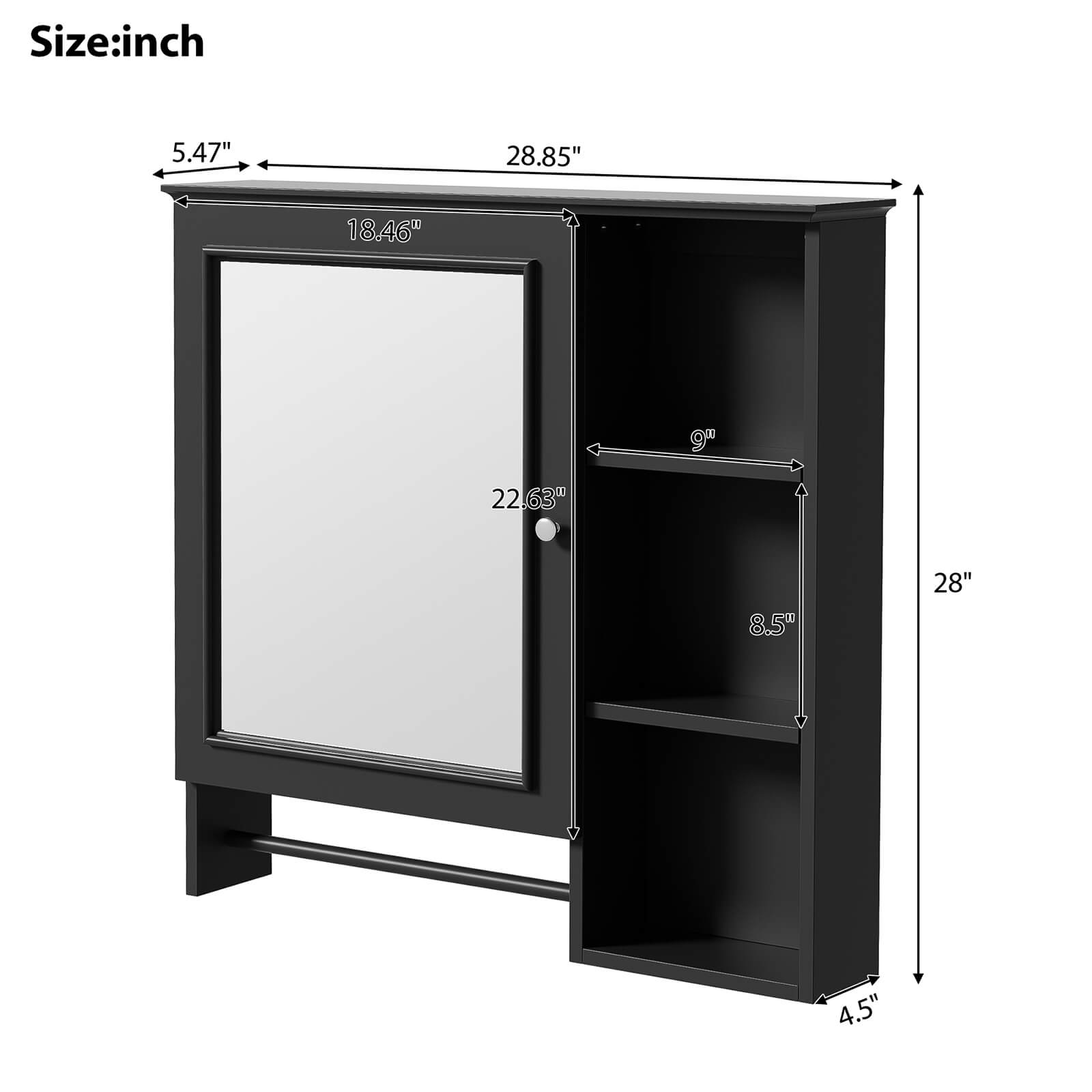 Dimensions of the 29 x 28 inch black medicine cabinet with open shelves and mirrored doors