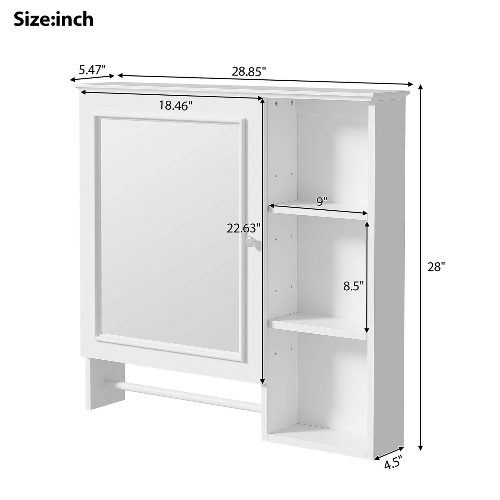 Dimensions of the 29 x 28in White Medicine Cabinet with Open Shelves and Mirrored Doors