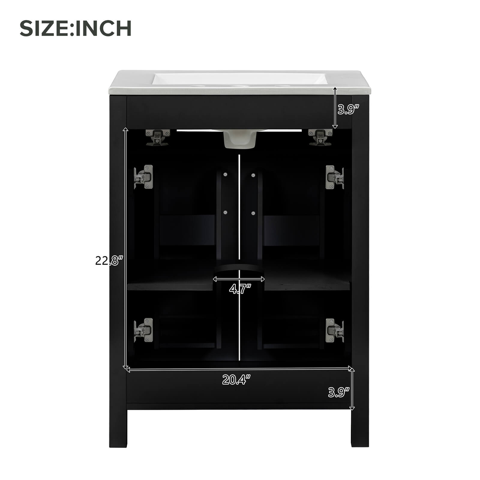 Dimensions of the back of a 24 inch black dresser with built in shelves in the door