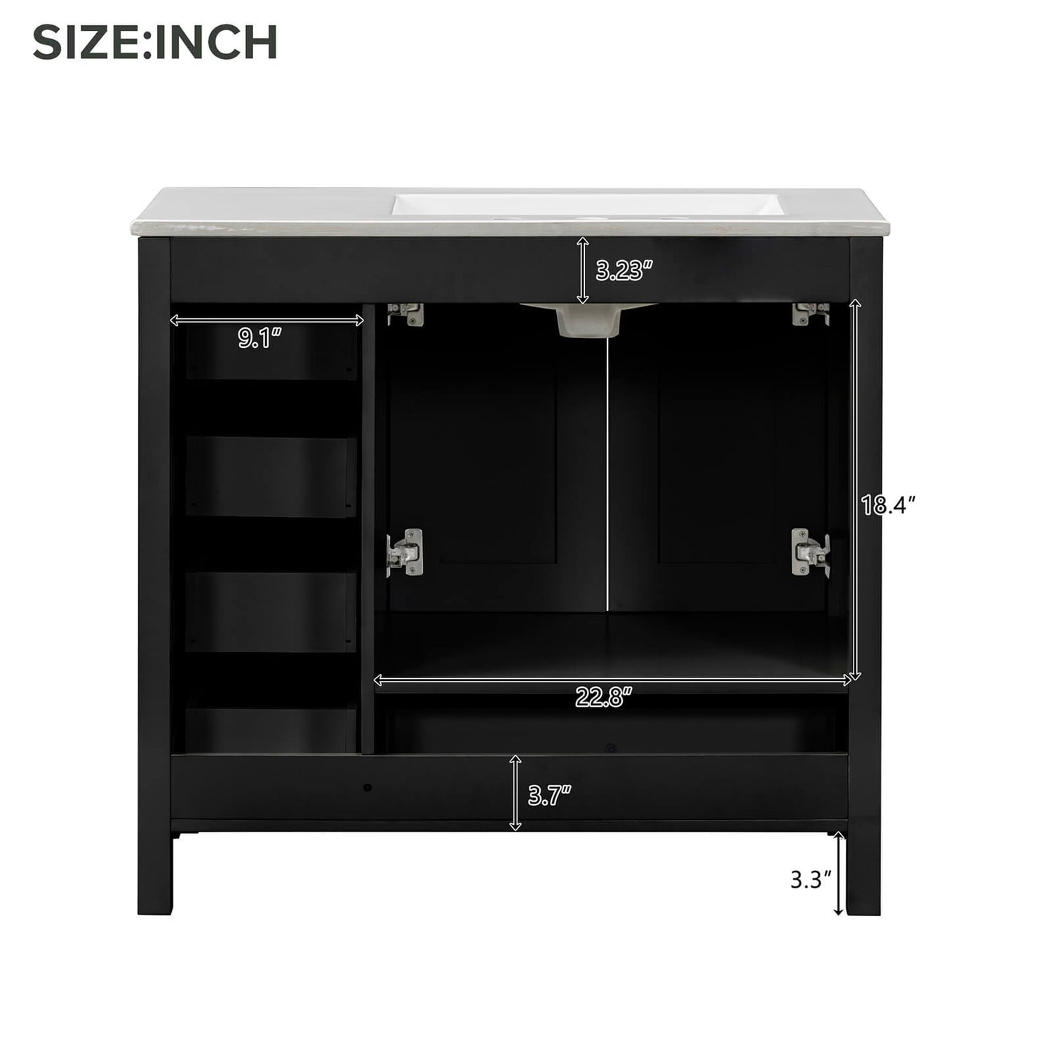 Dimensions of the back of a 36 black bathroom vanity with drawers on the right