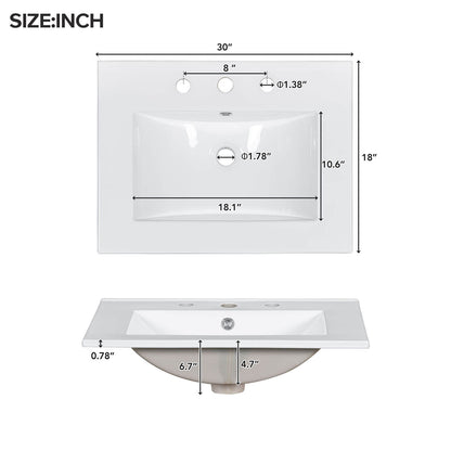 Dimensions of top sink for 30 inch white bathroom vanity with 2 left drawers