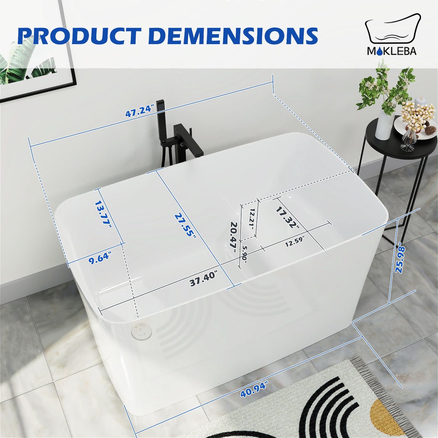 Mokleba 47&quot; Acrylic Freestanding Japanese Soaking Bathtub with Built-in Seat Glossy White