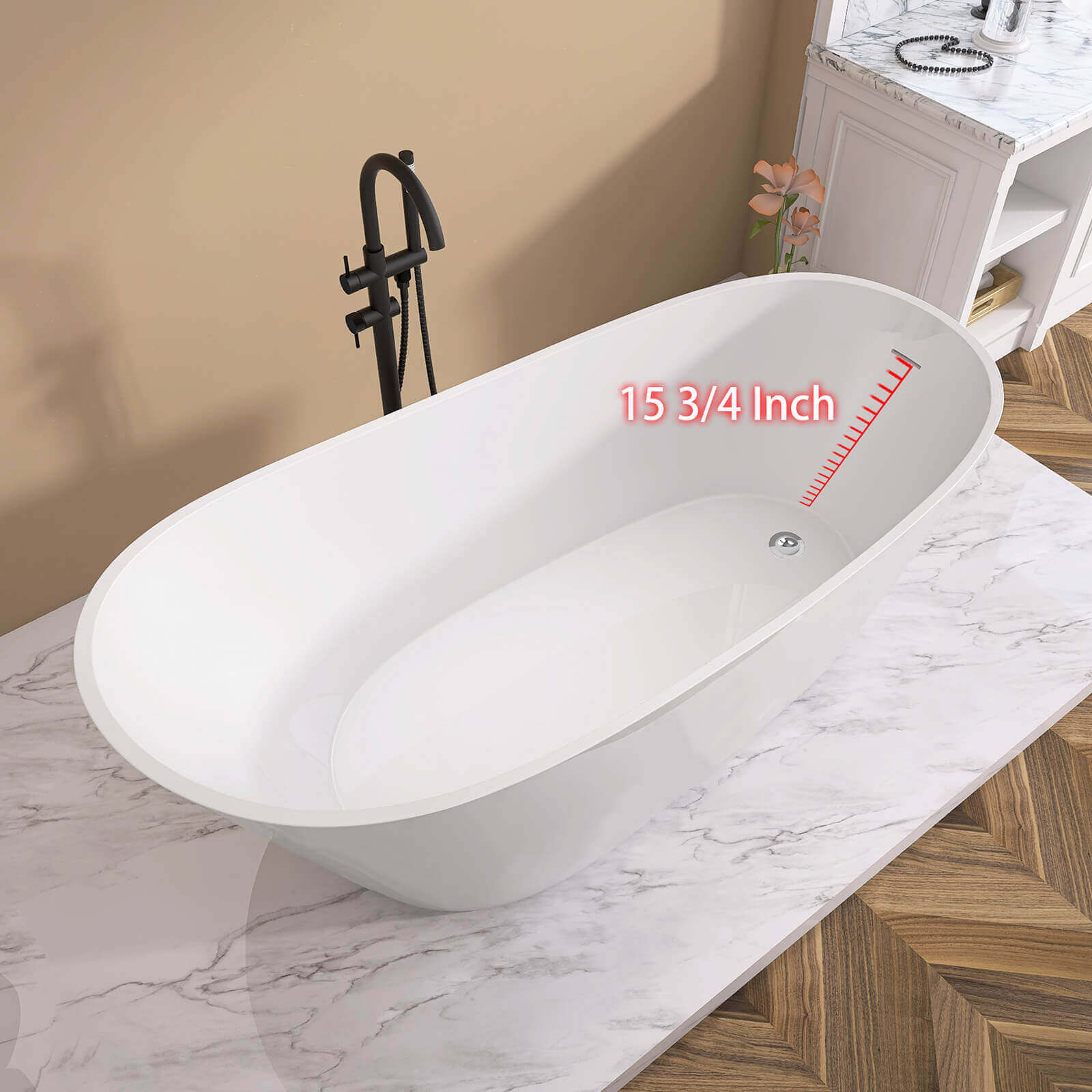 Distance from overflow to bottom of bright white 67 inch reversible acrylic single slipper bathtub