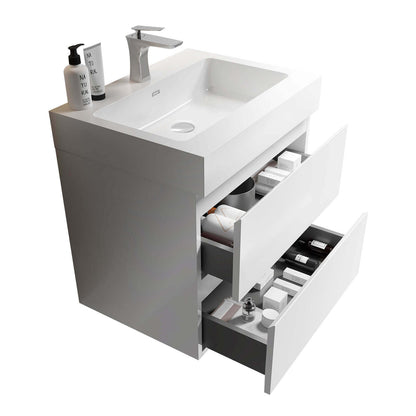 Durable Solid Surface Sink on 24 Inch White Floating Vanity with Hidden Handles