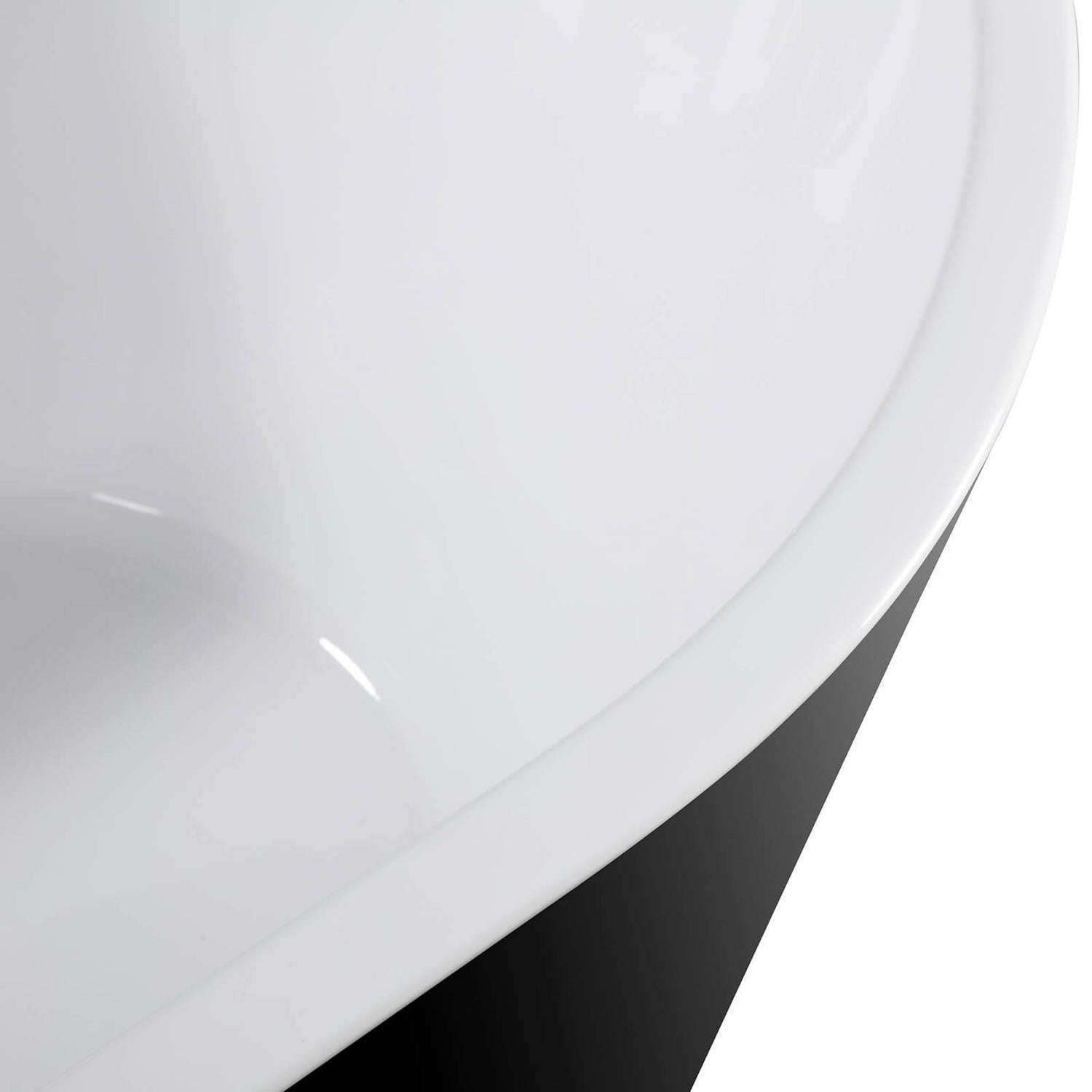 Edge detail of 67 inch acrylic bathtub with chrome overflow in black and white