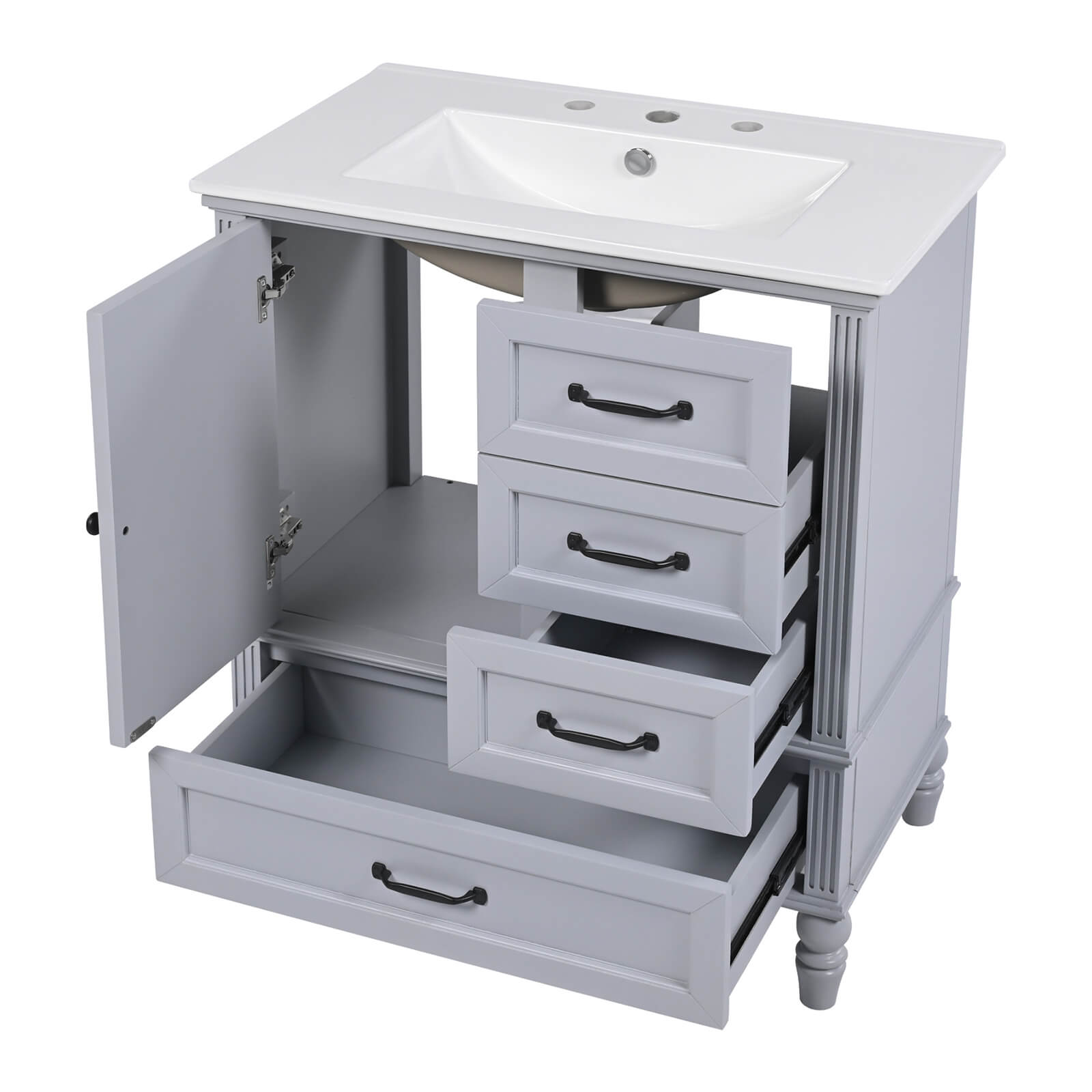 Elegant 30 in Light Grayish Blue Acacia Wood Vanity with integrated ceramic sink and bottom drawers