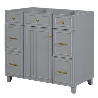 Elegant 36 inch gray bathroom vanity cabinet with gold handles and four spacious drawers