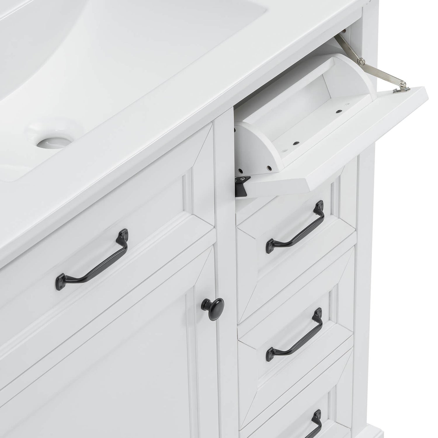 Elegant White Bathroom Vanity with Rubberwood Frame and Ceramic Sink