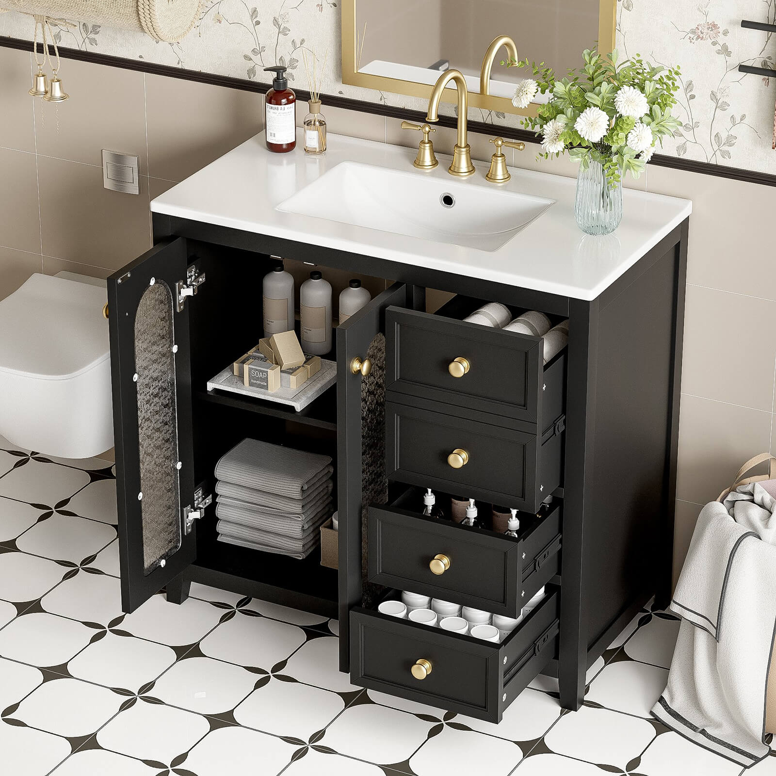 Elegant-black-bathroom-vanity-with-patterned-glass-door-design