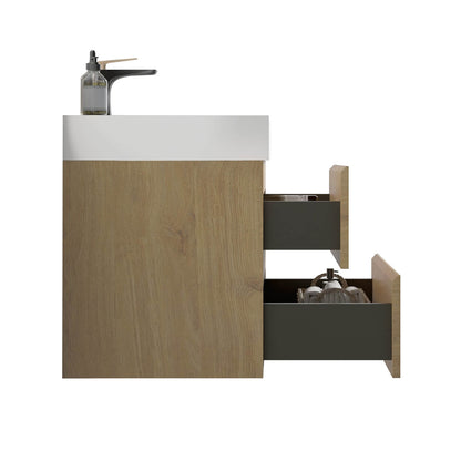 Elegant oak bathroom vanity with solid surface sink and natural wood grain