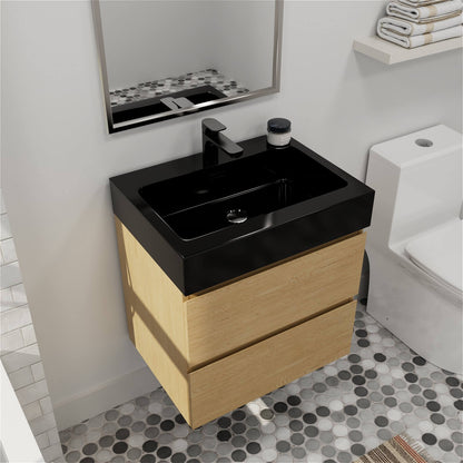 Elegant oak floating vanity with a matte black sink and soft close drawers