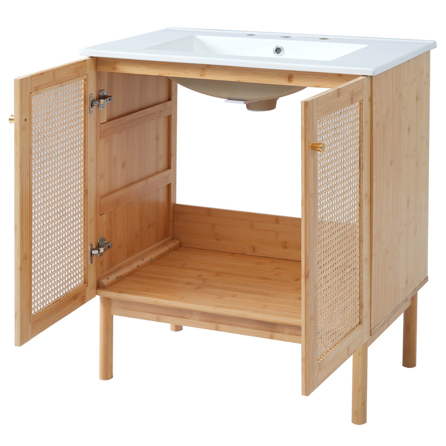 Elegant rattan bathroom vanity with gold metal handles and ceramic top