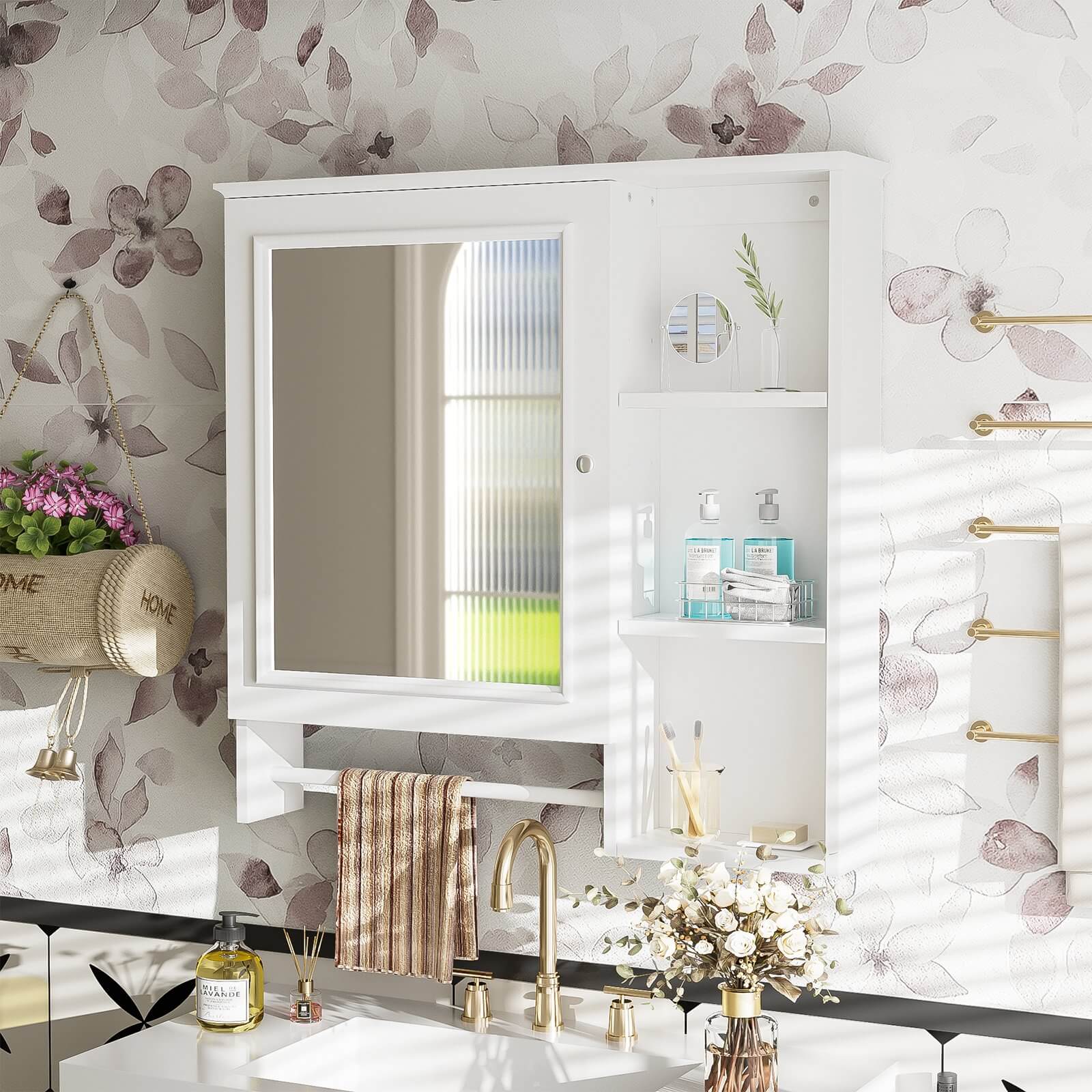 Elegant white medicine cabinet with spacious shelves and modern mirror design for a bathroom