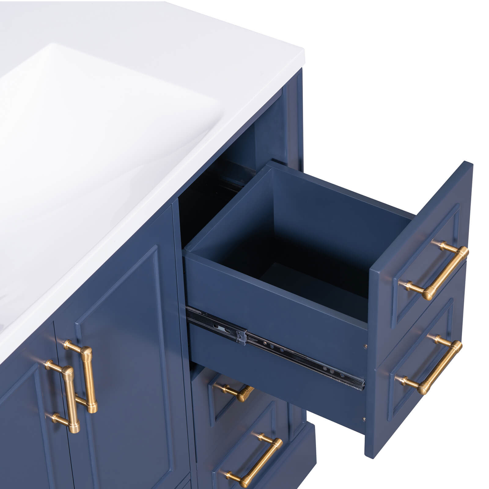 Elegant gold handles on blue bathroom vanity