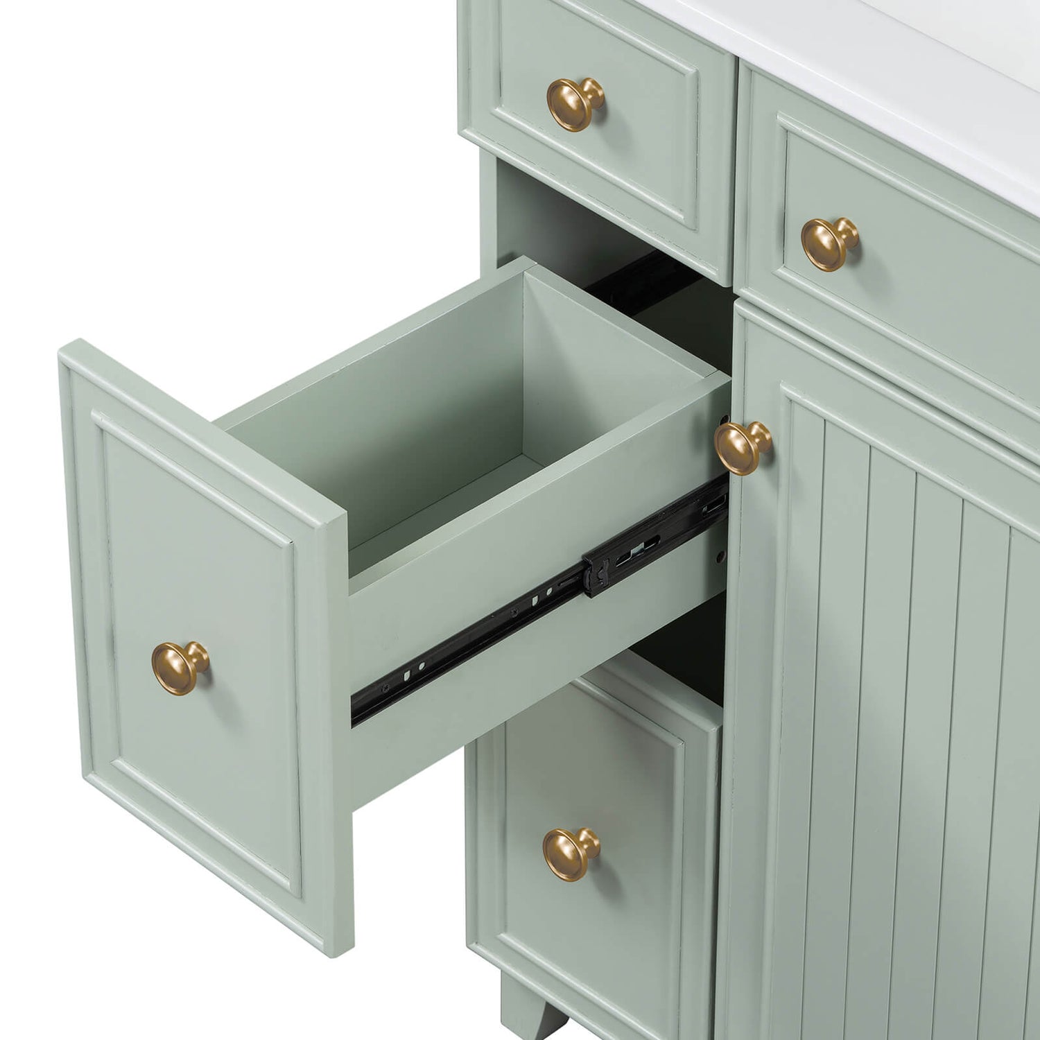 Elegant light gray-green vanity with gold handles