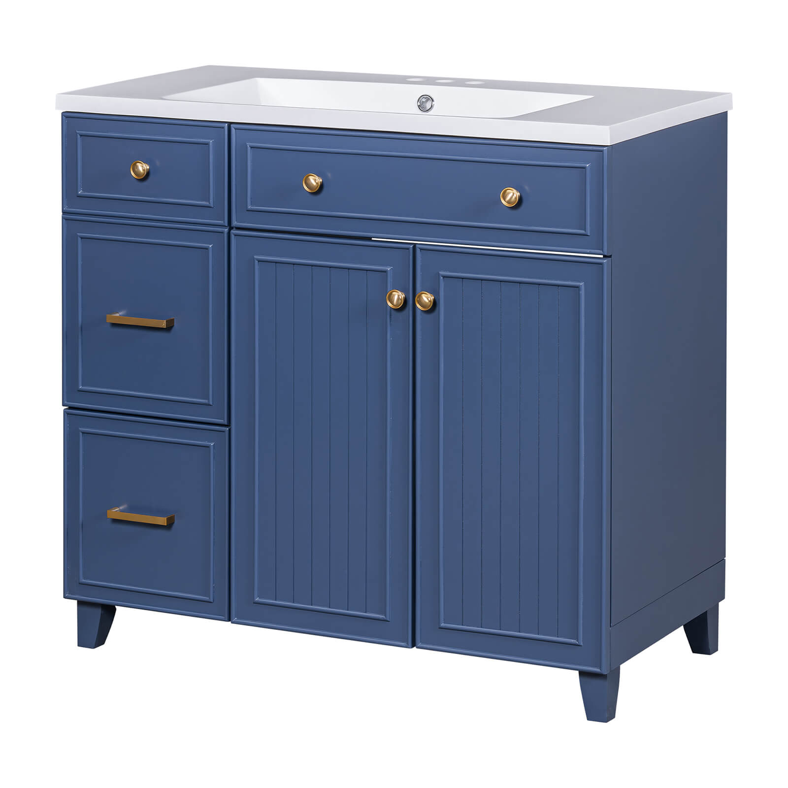 Elegant navy blue vanity with adjustable shelves