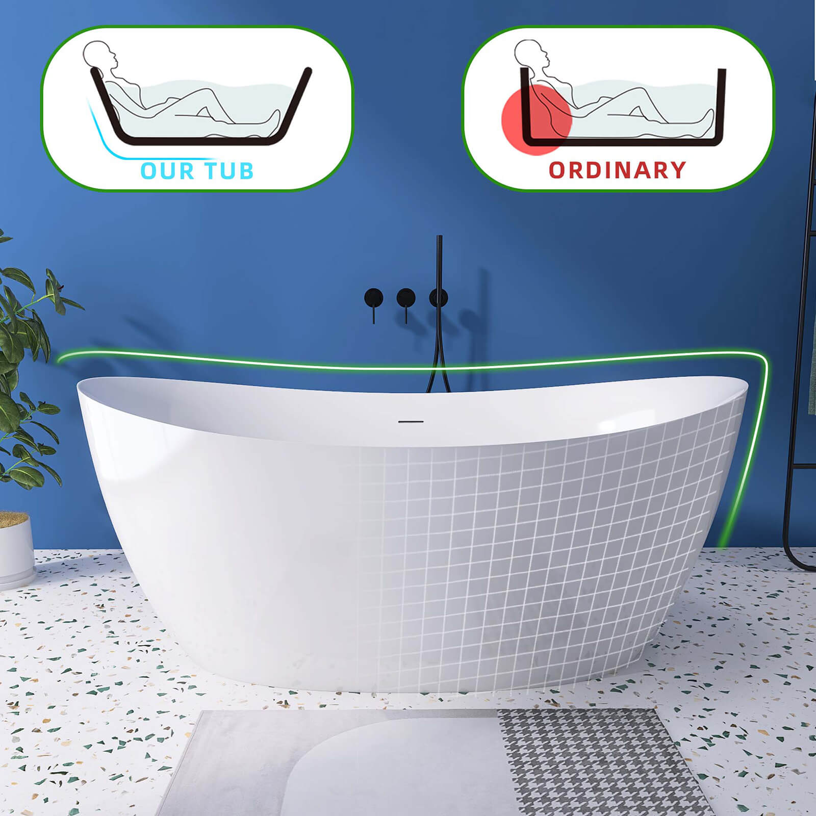 Ergonomically designed 68 inch acrylic double slipper bathtub