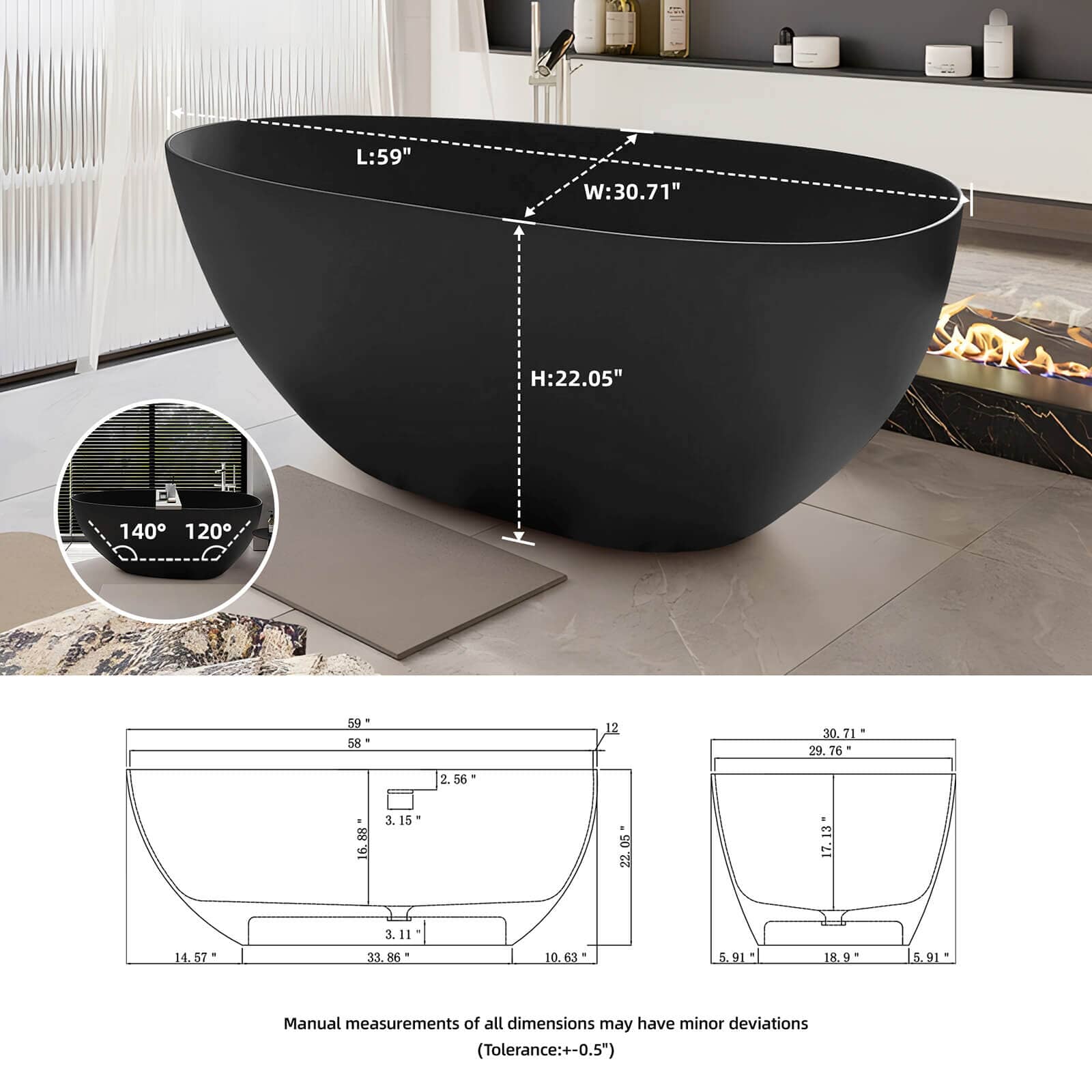 59&quot;/67&quot; Black Bathtub Egg Shaped Solid Surface freestanding Soaking Tub