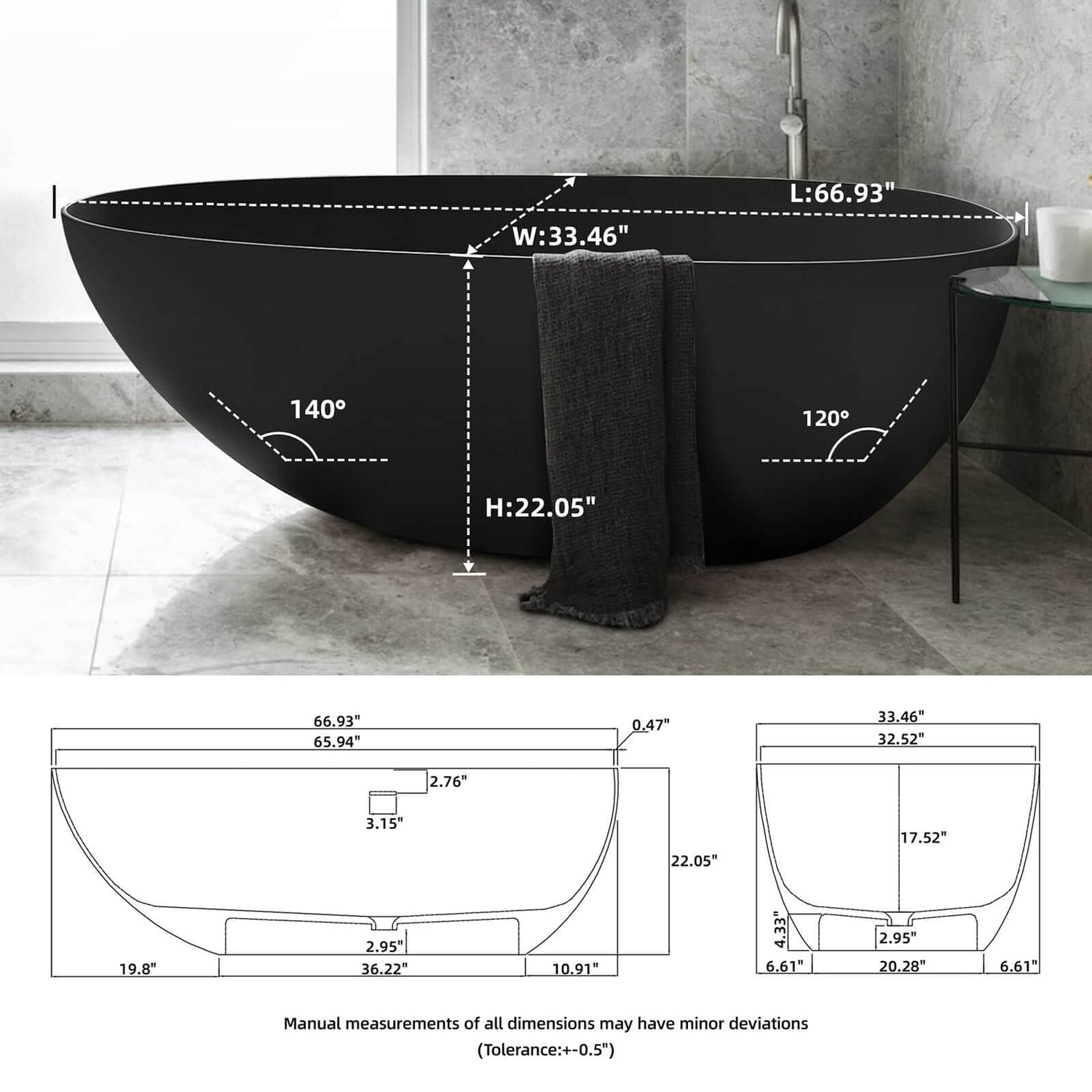 59&quot;/67&quot; Black Bathtub Egg Shaped Solid Surface freestanding Soaking Tub