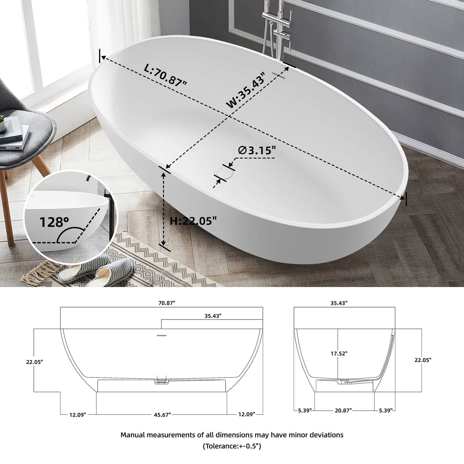 71&quot; Solid Surface Stone Resin Oval-shaped Freestanding Soaking Bathtub with Overflow