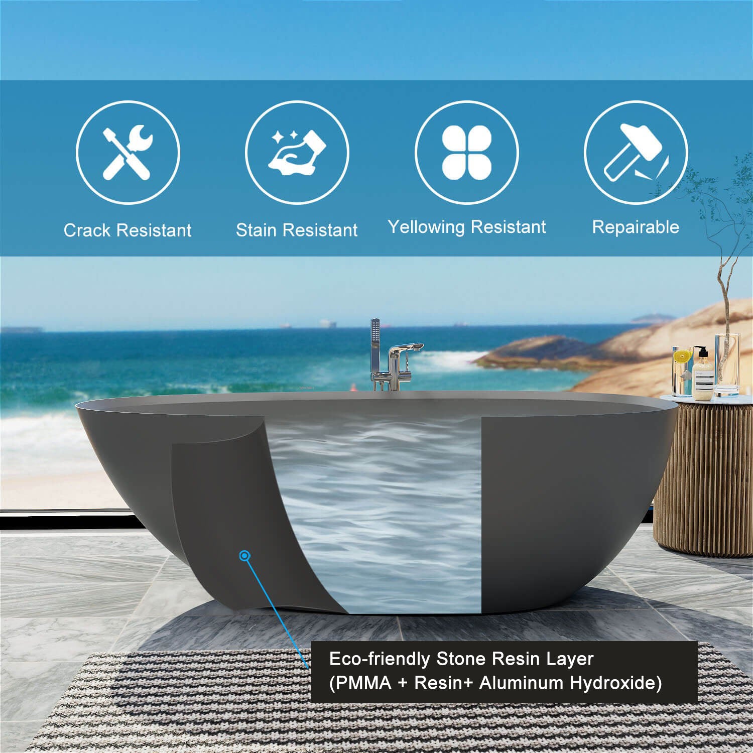 67'' Solid Surface Stone Resin Modern Egg Shaped Freestanding Soaking Bathtub with Overflow