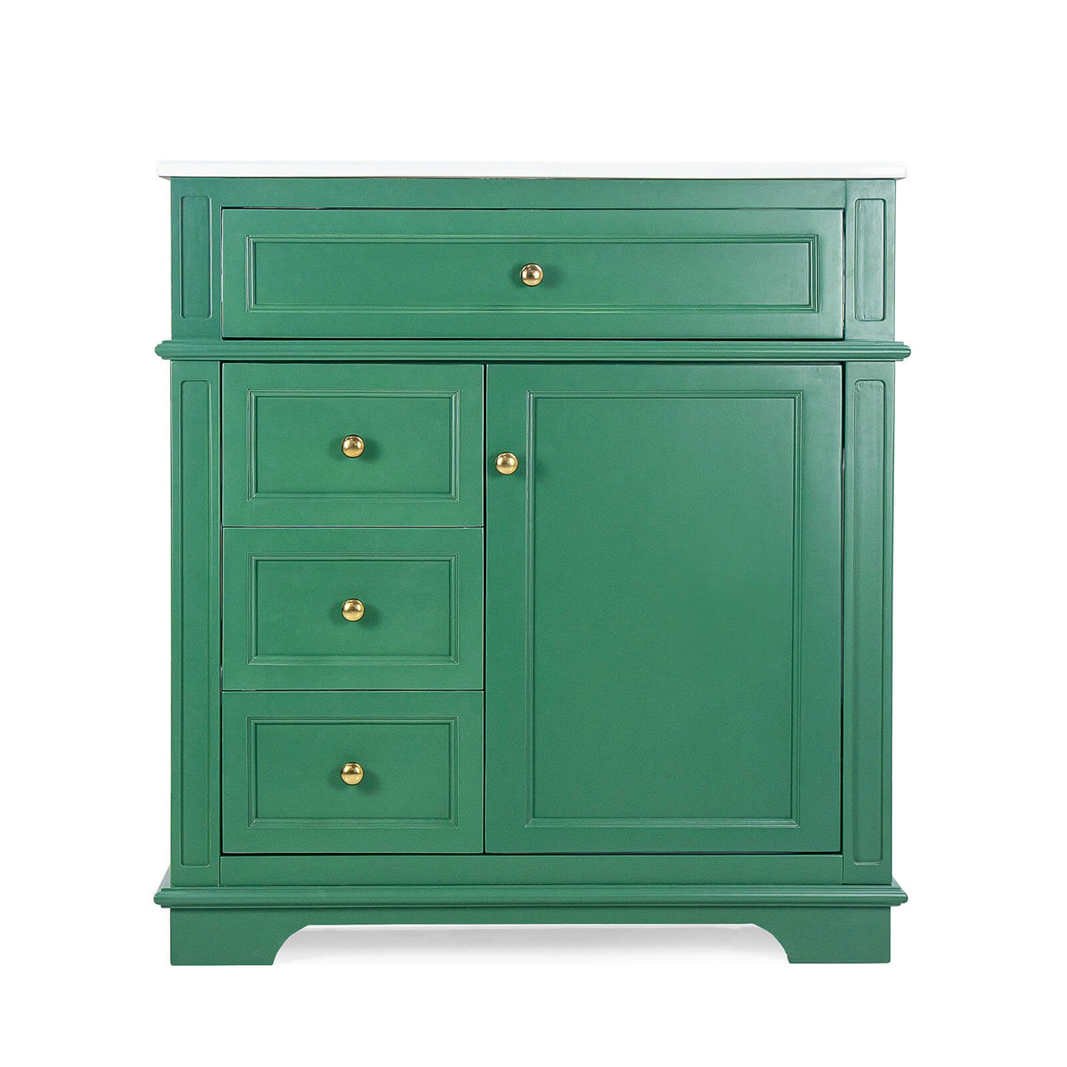 Flip out tray bathroom vanity in rich green with ceramic sink integration