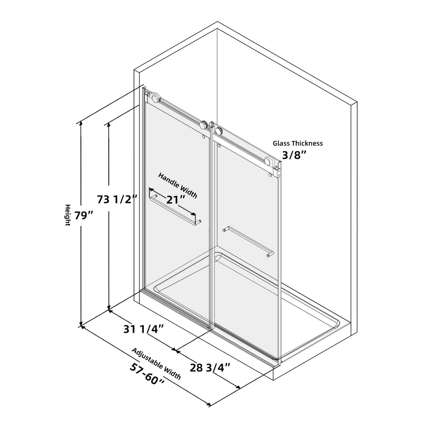 Frameless Double Sliding Shower Door Black or Brushed Nickel Size