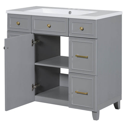 Freestanding grey bathroom vanity with spacious storage compartments