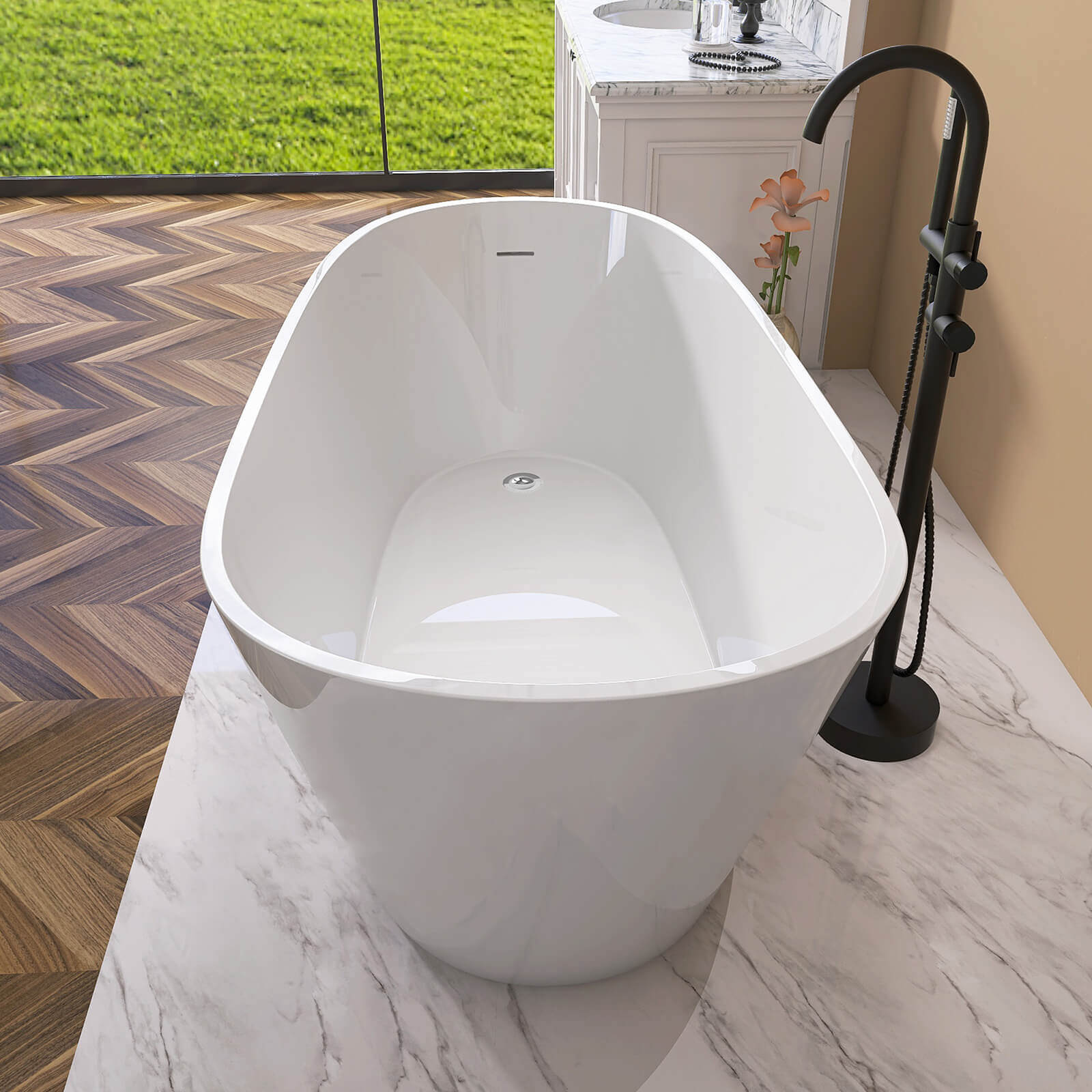 Freestanding tub that tilts up at one end with pop up drain