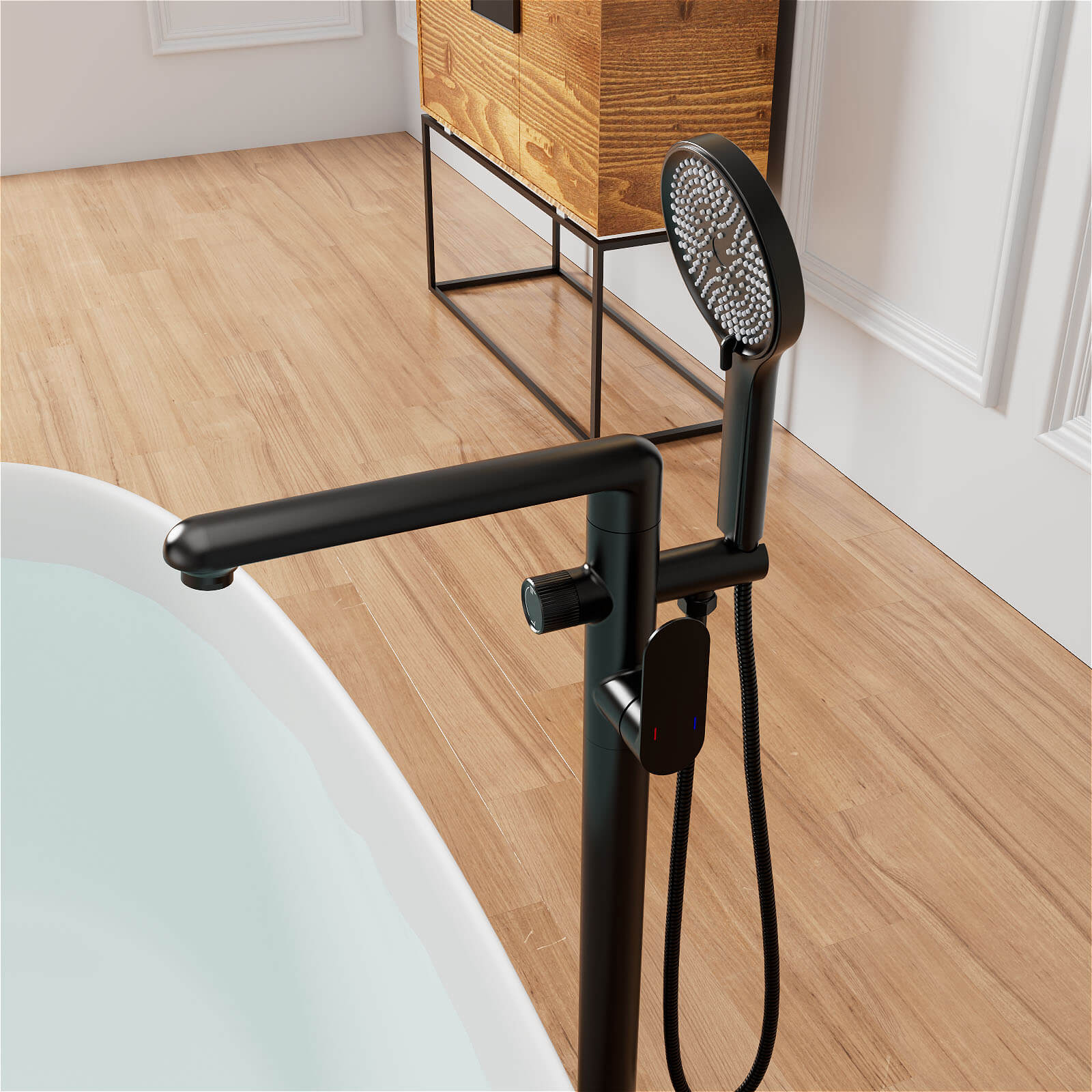 360° Rotatable Floor Mount Tub Filler Freestanding Bathtub Faucet with 3-Spray Handheld